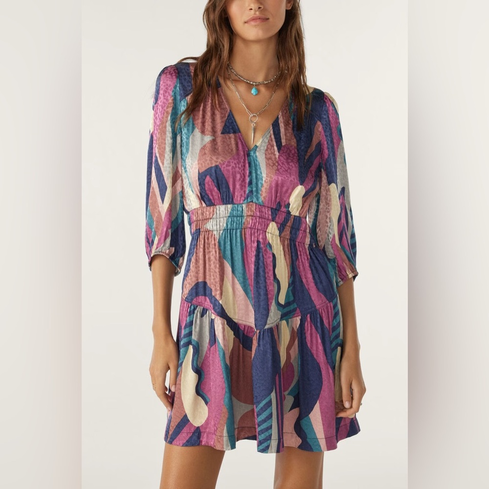 ba&sh Blue and Pink Sundress with V-Neck and Bishop Sleeves